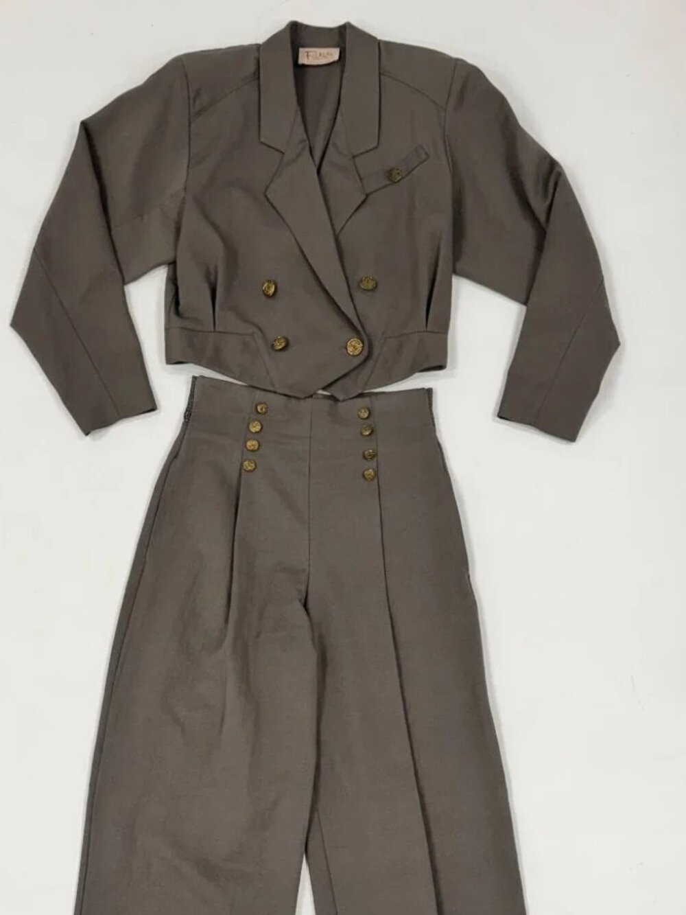 Vintage Khaki Cropped Blazer & High-Waisted Palazzo Pant Set